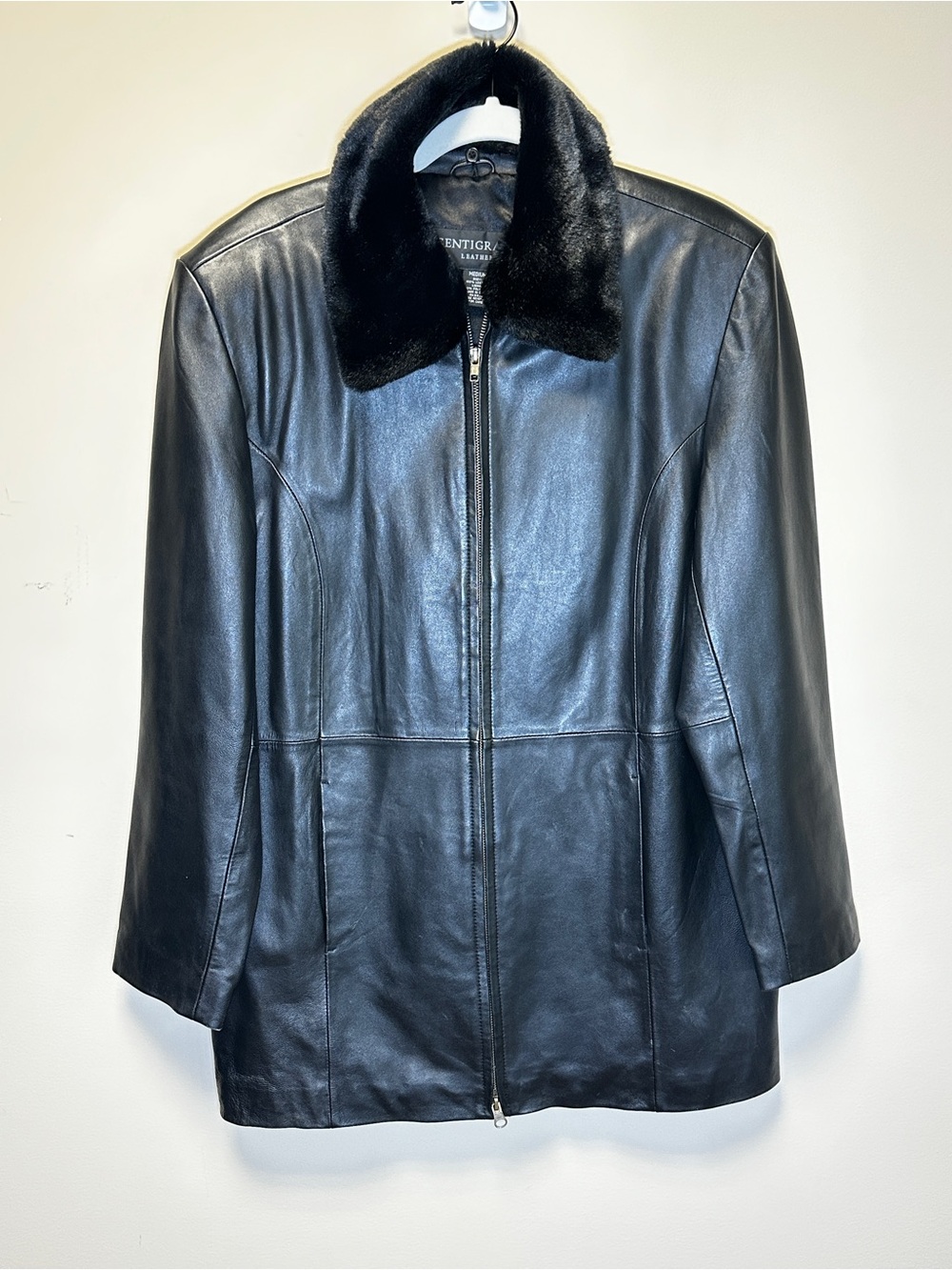 Centigrade Black Leather Coat Removable Faux Fur Collar Medium
